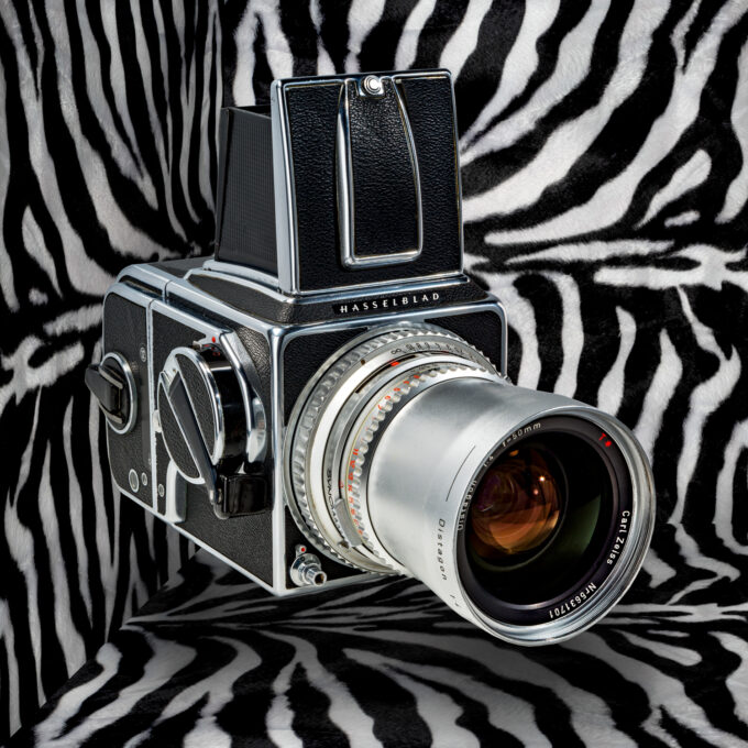 Hasselblad 500 C/M, Svezia, 1970-1994. Pattern grafico ispirato a una foto d'epoca della cantante Debbie Harry, fotografata da Chris Stein, nel 1976